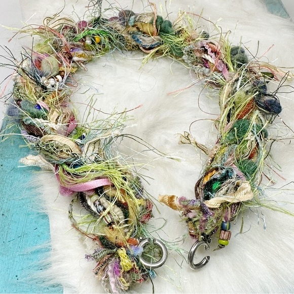 Green Pink Woven Fiber Beaded Necklace Textile Fiber Art Seed Beads Statement - Picture 10 of 12
